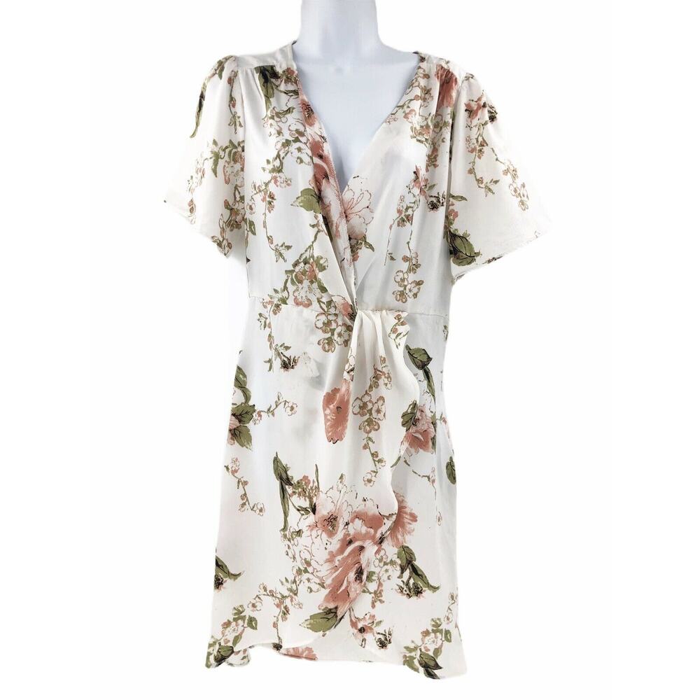 One One Six Wrap Dress M White Pink Floral V Neck Short Sleeves Coquette PILL